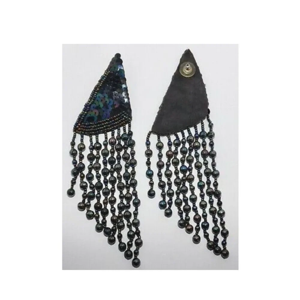 Vintage 80s Glass Beaded Iridescent Peacock Fringe Statement Runway Earrings 6